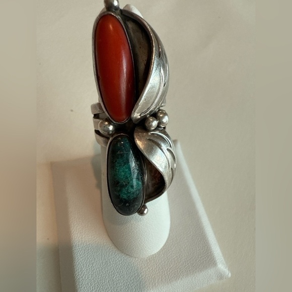 Jewelry - Tony Sanchez Handmade Sterling Silver Turquoise & Coral Leaf Ring Size 5.5